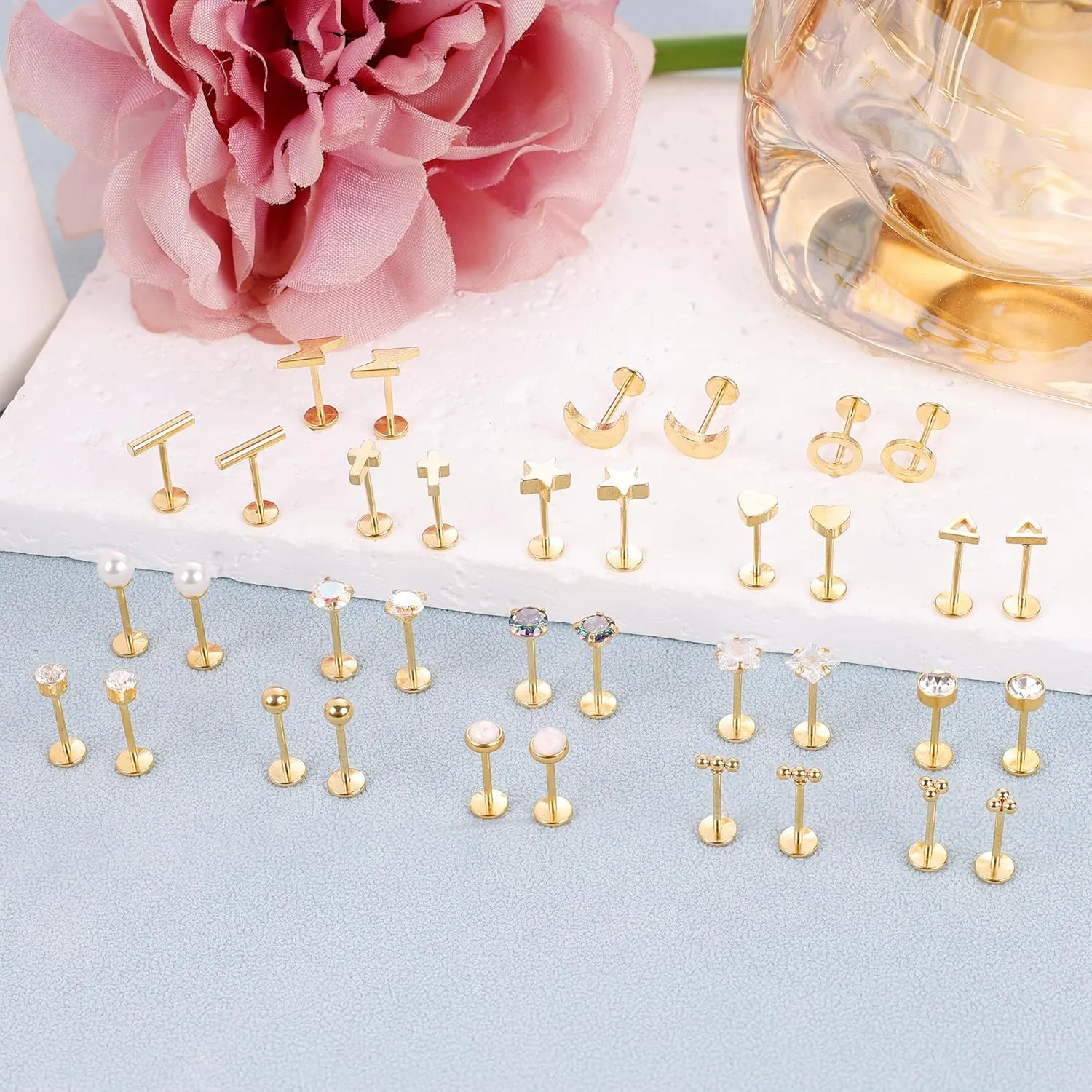 18Pairs 20G 316L Stainless Steel Threadless Push in Stud Earrings for Women Men Flat Back Cartilage Stud Earring Helix Tragus Stud CZ Heart Moon Star Ear Stud Piercing Jewelry