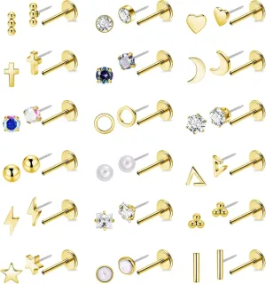 18Pairs 20G 316L Stainless Steel Threadless Push in Stud Earrings for Women Men Flat Back Cartilage Stud Earring Helix Tragus Stud CZ Heart Moon Star Ear Stud Piercing Jewelry
