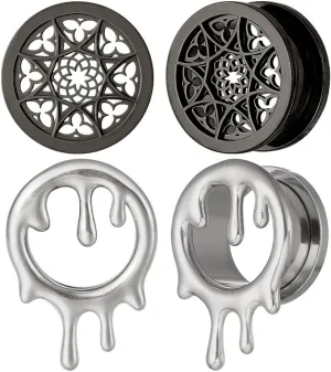 2 Pairs Selling Stainless Steel Ear Plugs Tunnels Gauges, Water Drops and Flower Pattern 1 inch Gauges for Ears, Surgical Steel Ear Stretcher Expander Body Jewelry