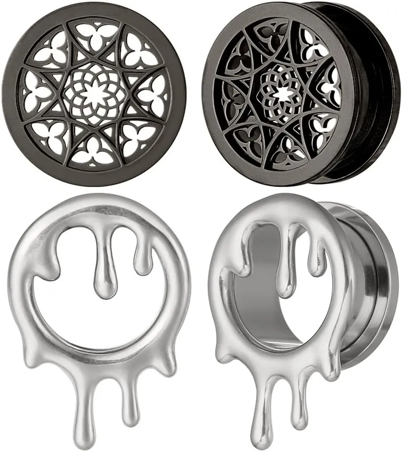 2 Pairs Selling Stainless Steel Ear Plugs Tunnels Gauges, Water Drops and Flower Pattern 1 inch Gauges for Ears, Surgical Steel Ear Stretcher Expander Body Jewelry