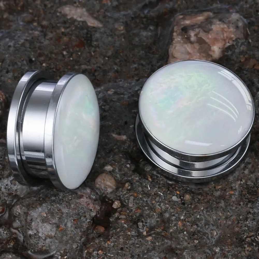 2 Pairs White Pearl Shell Stainless Steel Ear Gauges Plugs and Tunnels, Size 2g - 1 inch Hypoallergenic Surgical Steel Ear Stretcher Expander Body Jewelry