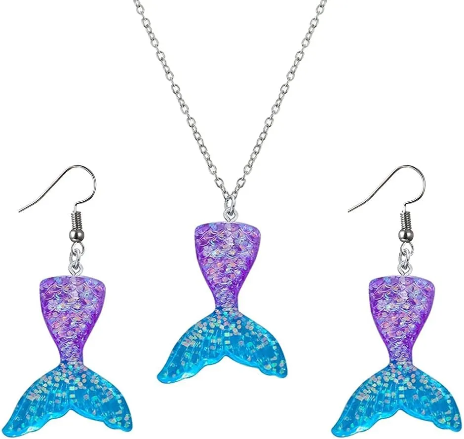 2 Pcs Colorful Mermaid Tail Resin Pendant Earrings Set Cartoon Fishtail Good Friend Necklace for Girls Women