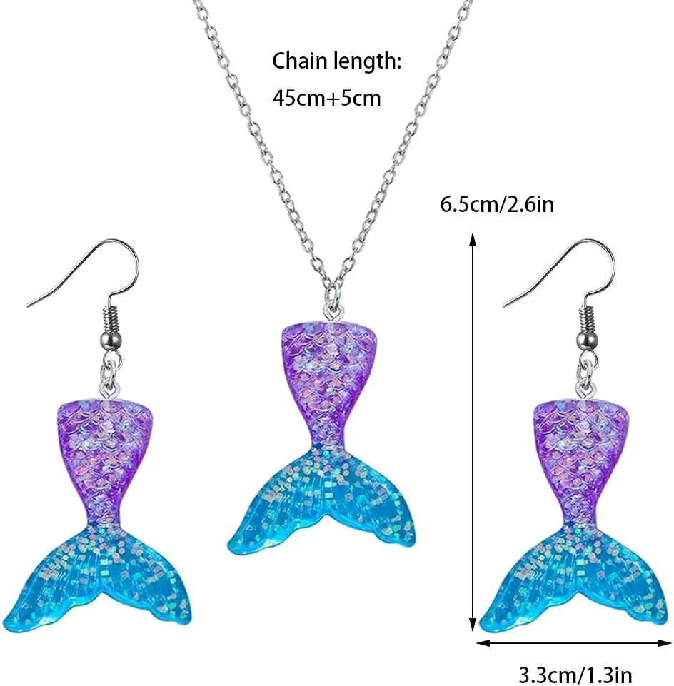 2 Pcs Colorful Mermaid Tail Resin Pendant Earrings Set Cartoon Fishtail Good Friend Necklace for Girls Women
