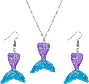 2 Pcs Colorful Mermaid Tail Resin Pendant Earrings Set Cartoon Fishtail Good Friend Necklace for Girls Women