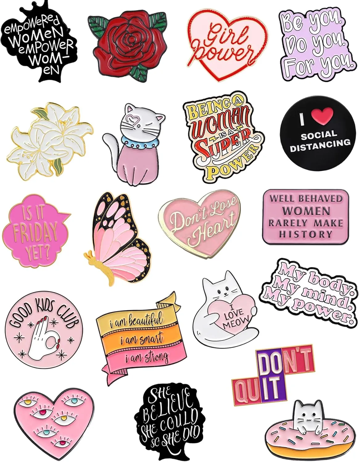 20 Pcs Girl Power Enamel Pins Bulk, Cute Backpack Pins Aesthetic Hat Lapel Pins for Backpacks, Funny Enamel Brooch Pin Set for Women, Girls, Bags, Lanyards