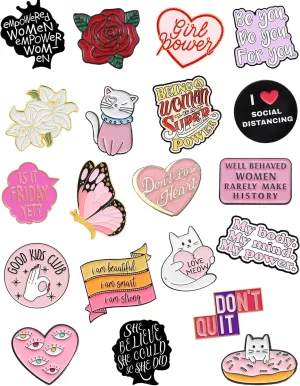 20 Pcs Girl Power Enamel Pins Bulk, Cute Backpack Pins Aesthetic Hat Lapel Pins for Backpacks, Funny Enamel Brooch Pin Set for Women, Girls, Bags, Lanyards
