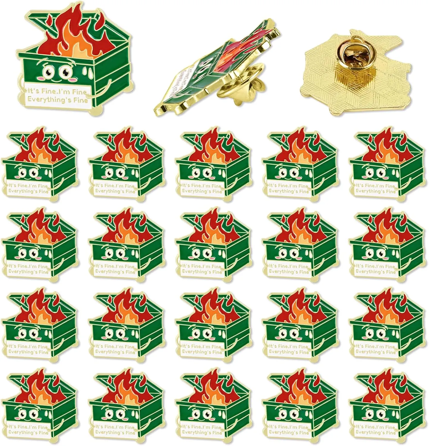 20pcs Dumpster Fire Pin, 1.1x1.06 Inch Cute Enamel Lapel Brooch Metal Motivational Pin with 20 Buttons Positive Enamel Badge It's Fine I'm Fine Everything is Fine Pins Jewelry Gifts for Christmas