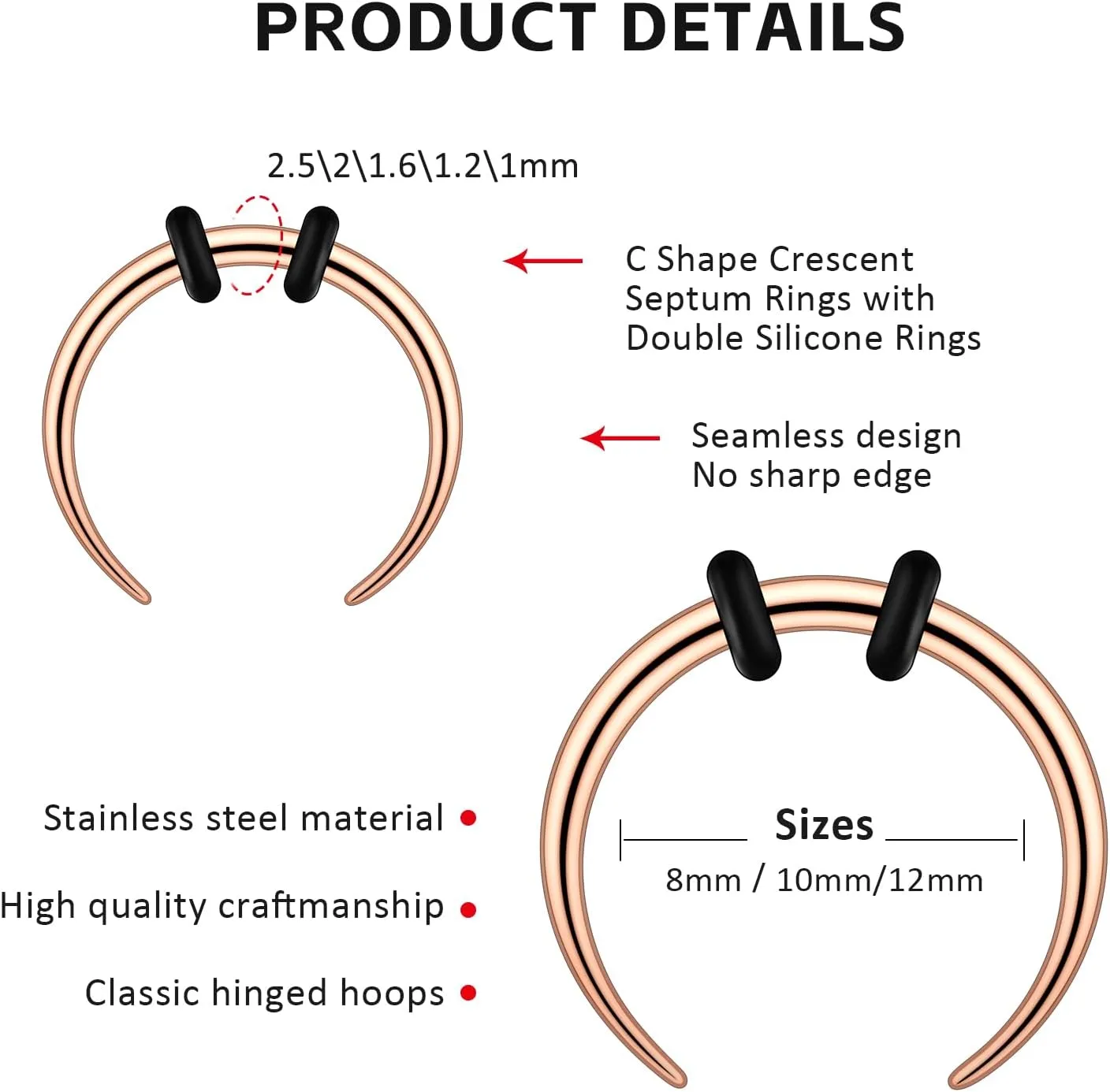 2/4 pcs Stainless Steel Nose Ear Rings Crescent Pincher Septum Taper Rings C Shape Buffalo Horseshoes Hoops Body Piercing Jewelry 10-18G
