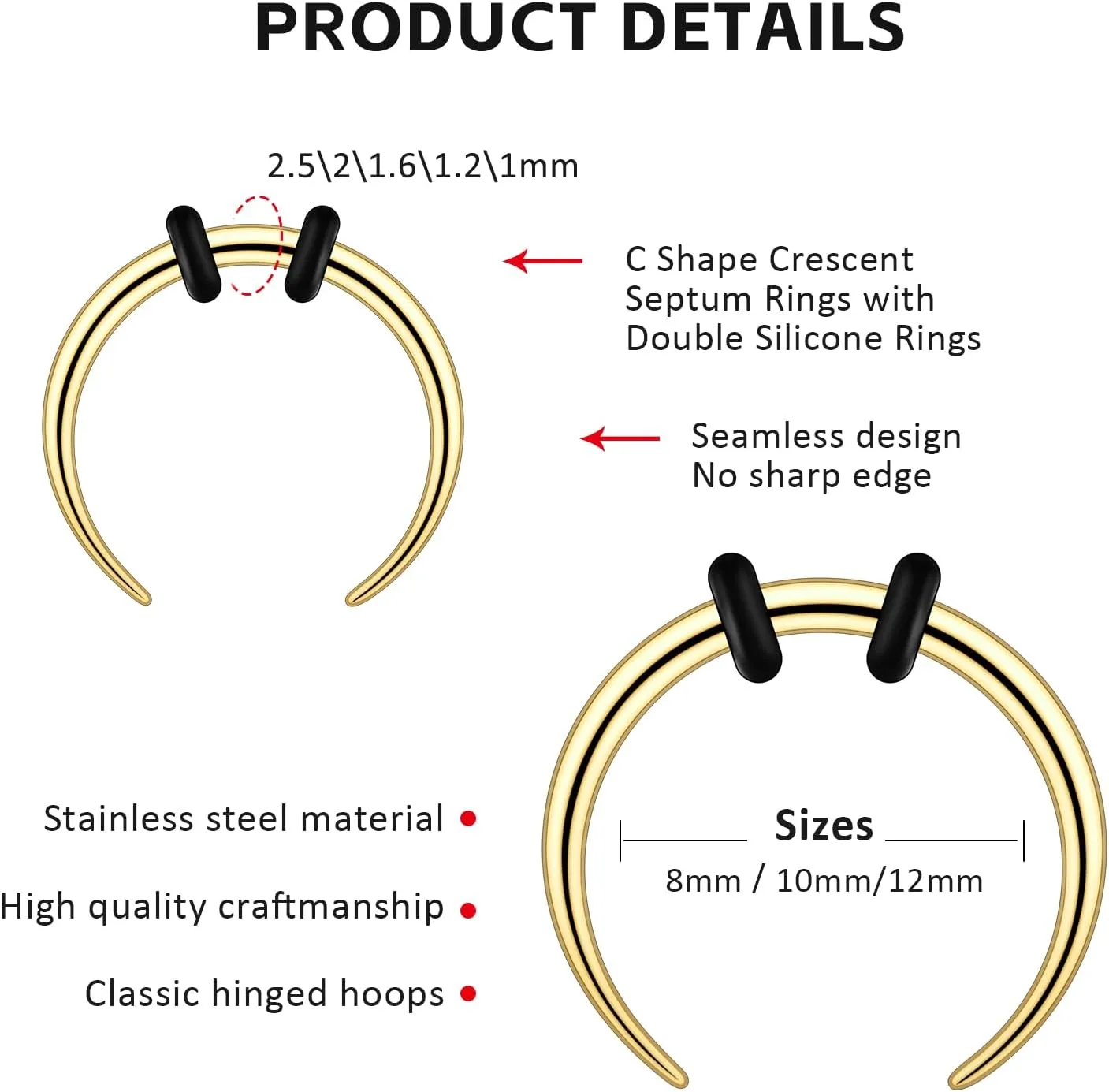 2/4 pcs Stainless Steel Nose Ear Rings Crescent Pincher Septum Taper Rings C Shape Buffalo Horseshoes Hoops Body Piercing Jewelry 10-18G