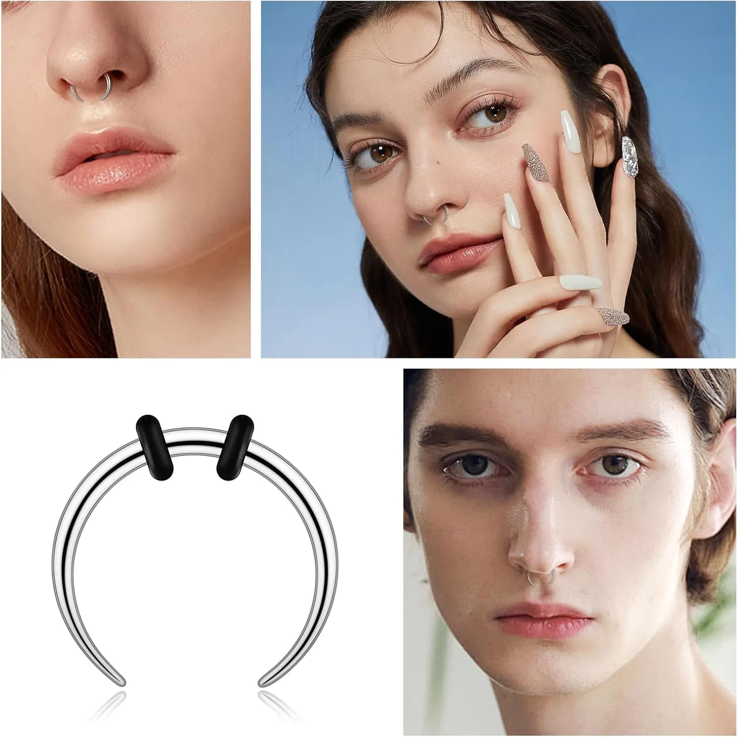 2/4 pcs Stainless Steel Nose Ear Rings Crescent Pincher Septum Taper Rings C Shape Buffalo Horseshoes Hoops Body Piercing Jewelry 10-18G
