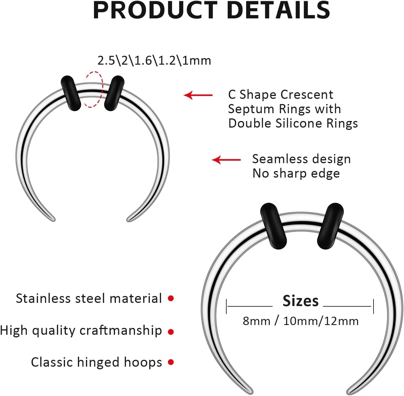 2/4 pcs Stainless Steel Nose Ear Rings Crescent Pincher Septum Taper Rings C Shape Buffalo Horseshoes Hoops Body Piercing Jewelry 10-18G