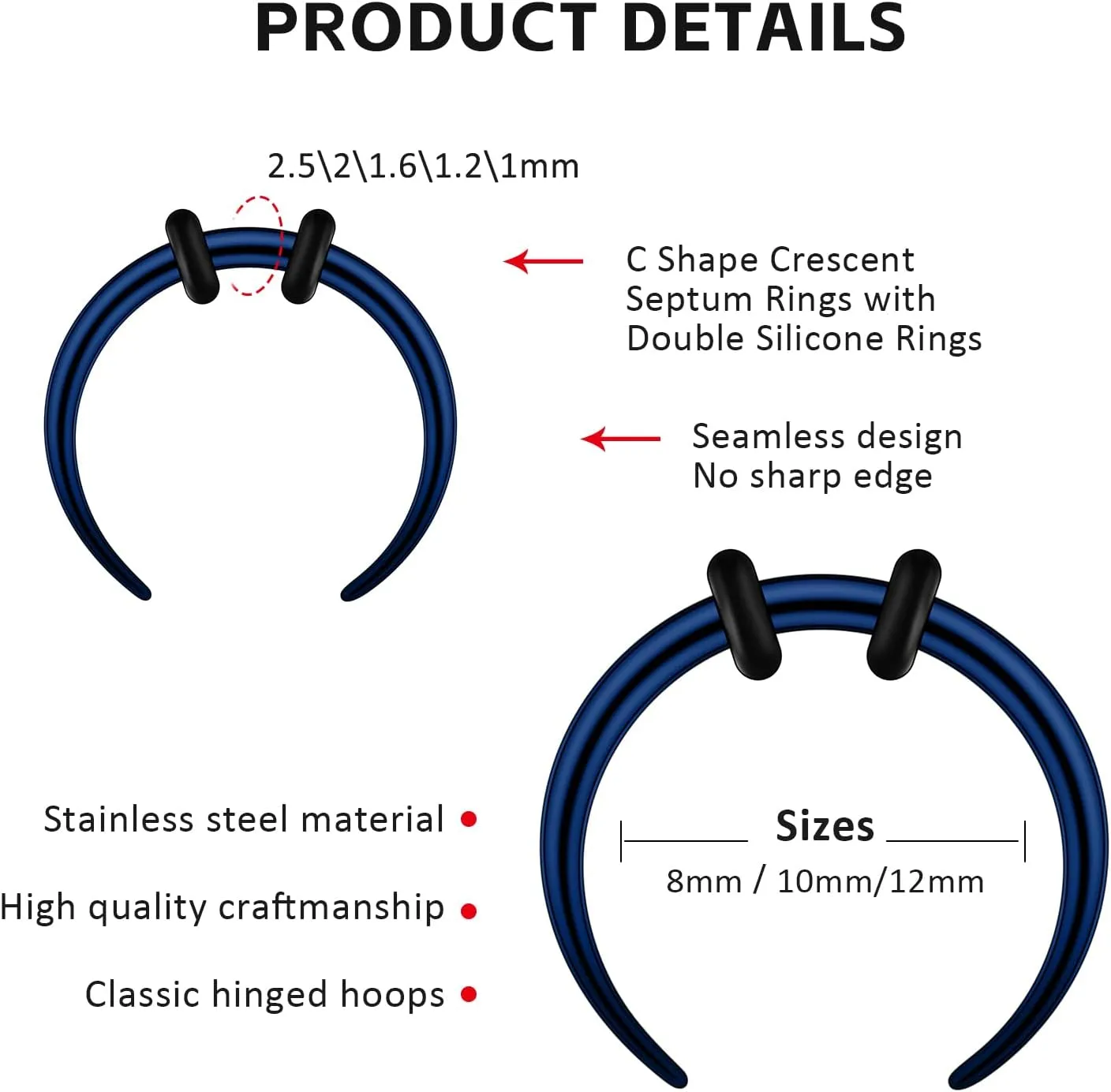 2/4 pcs Stainless Steel Nose Ear Rings Crescent Pincher Septum Taper Rings C Shape Buffalo Horseshoes Hoops Body Piercing Jewelry 10-18G