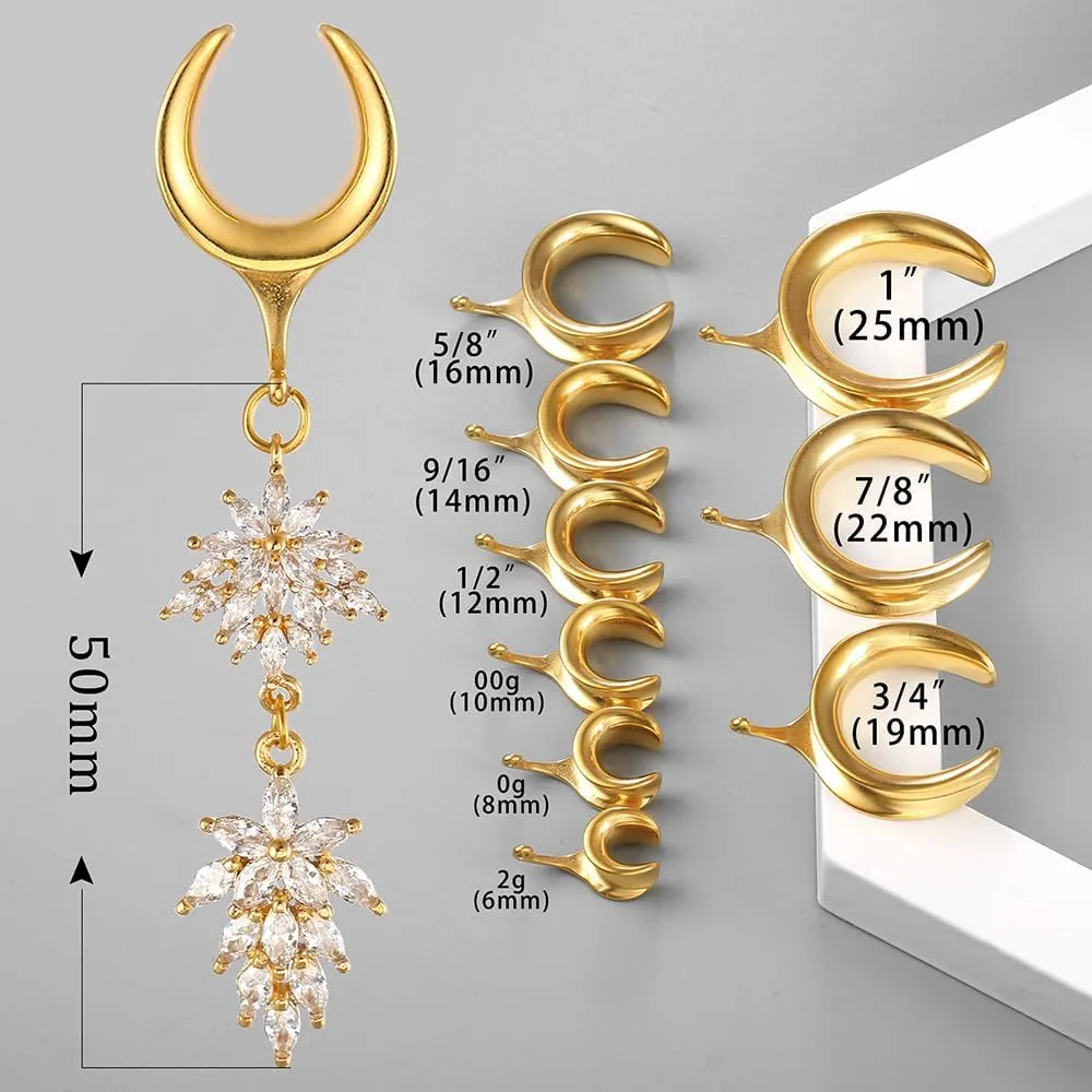 2Pcs Gold Saddle Plugs with Cute Flower Crystals Dangle Gauges for Wedding, Surgical Steel Size 2g - 1 inch Ear Plugs Tunnels Gauges for Ears Stretching Expander Body Jewelry