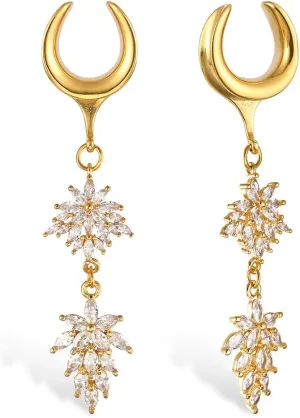 2Pcs Gold Saddle Plugs with Cute Flower Crystals Dangle Gauges for Wedding, Surgical Steel Size 2g - 1 inch Ear Plugs Tunnels Gauges for Ears Stretching Expander Body Jewelry