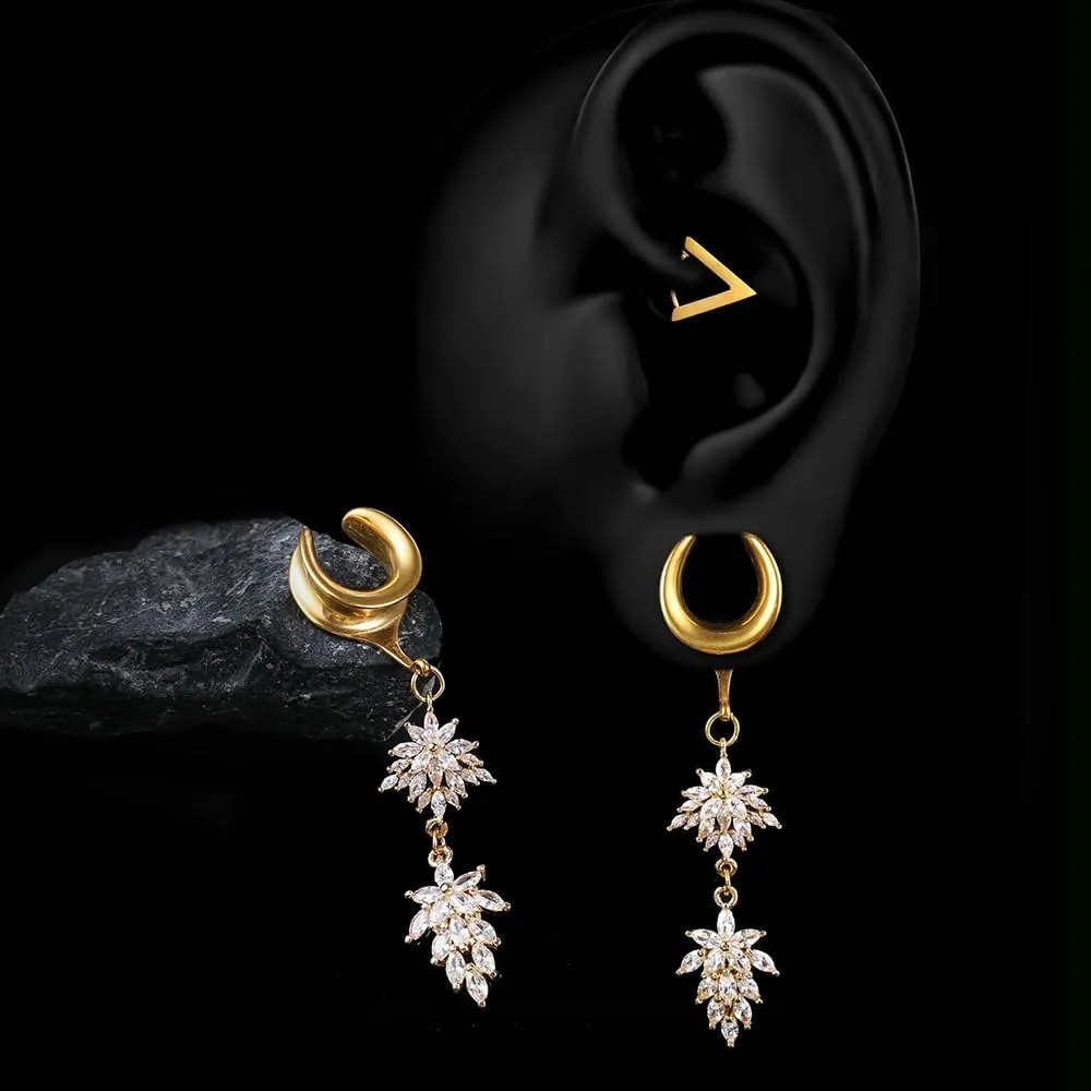 2Pcs Gold Saddle Plugs with Cute Flower Crystals Dangle Gauges for Wedding, Surgical Steel Size 2g - 1 inch Ear Plugs Tunnels Gauges for Ears Stretching Expander Body Jewelry