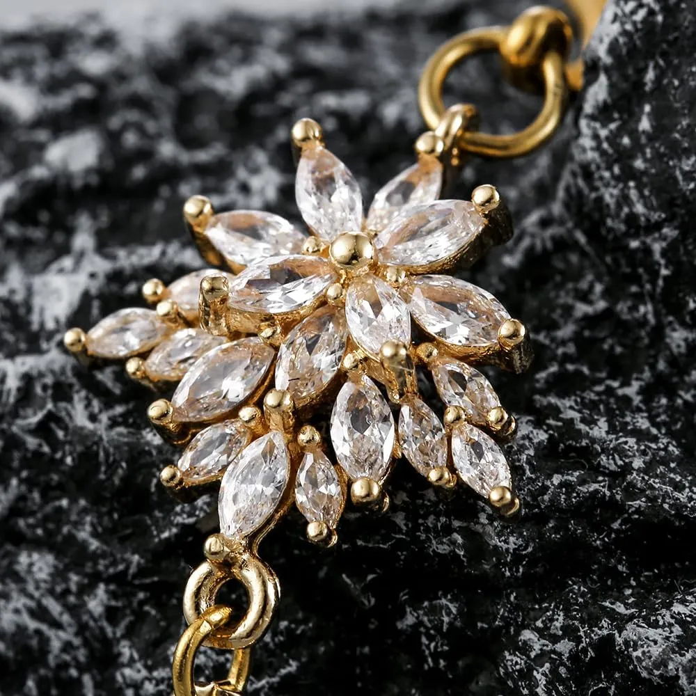 2Pcs Gold Saddle Plugs with Cute Flower Crystals Dangle Gauges for Wedding, Surgical Steel Size 2g - 1 inch Ear Plugs Tunnels Gauges for Ears Stretching Expander Body Jewelry