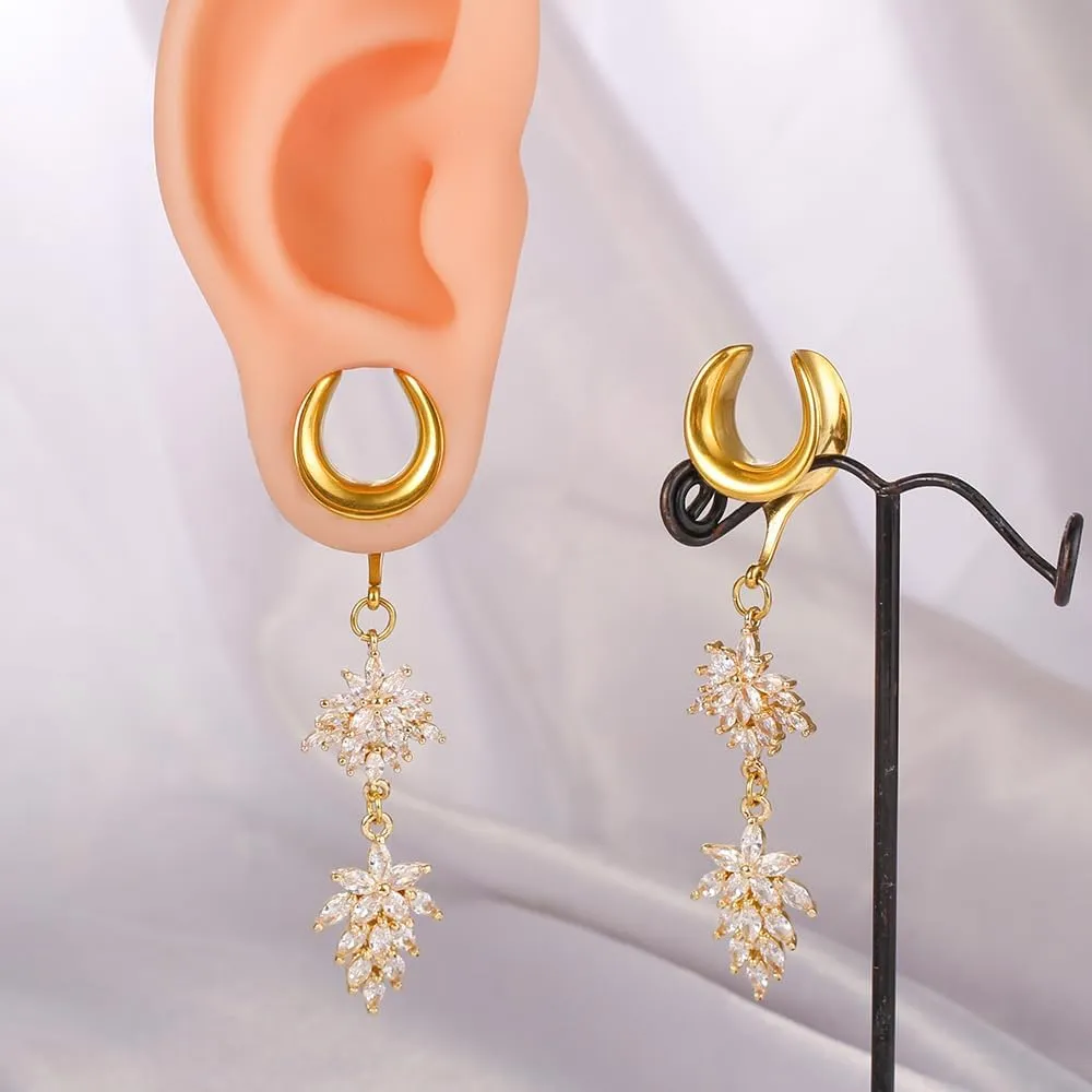 2Pcs Gold Saddle Plugs with Cute Flower Crystals Dangle Gauges for Wedding, Surgical Steel Size 2g - 1 inch Ear Plugs Tunnels Gauges for Ears Stretching Expander Body Jewelry