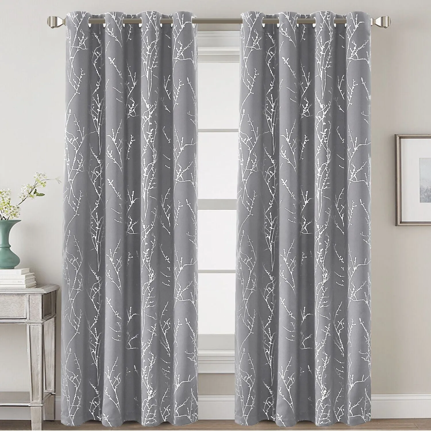 2x Blackout Foil Print Twig Tree Branch Curtain Drapes for Living Bedroom
