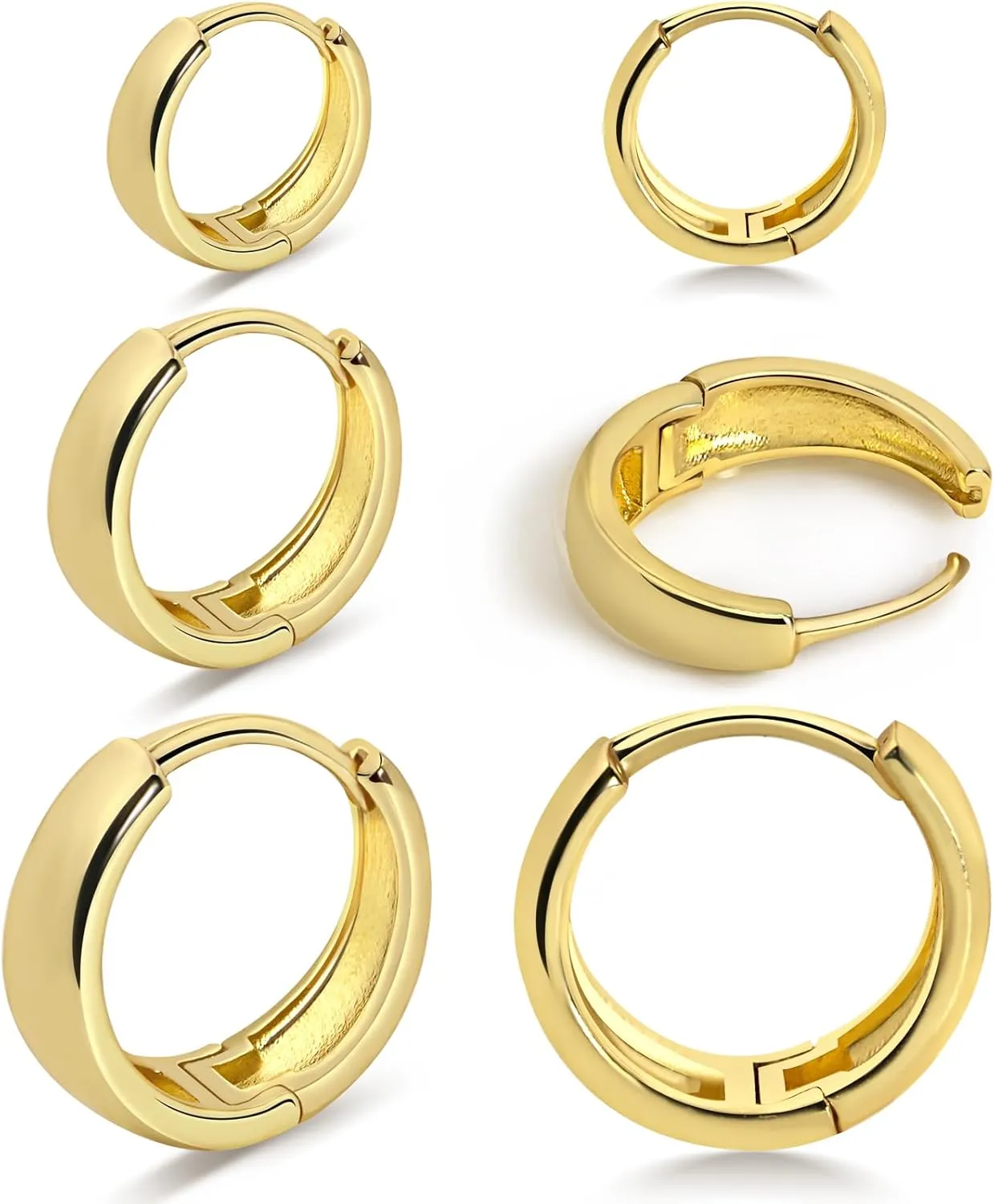 3 Pairs 14K Gold Plated Hoop Earrings Set for Women Chunky Small Huggie Hoop Earrings Tiny Gold Trendy Thick Hoop Earrings Stacks for Multiple Piercing