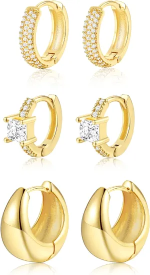 3 Pairs Gold Hoop Earrings Set for Women, 14K Gold Plated Lightweight Gold Earrings Sets for Multiple Piercing, Chunky Trendy Gold Earrings for Women Jewelry