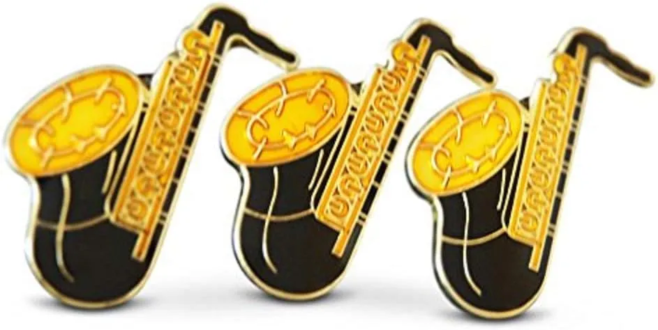 3-Piece Brass Saxophone Musician Lapel or Hat Pin & Tie Tack Set with Clutch Back by Novel Merk