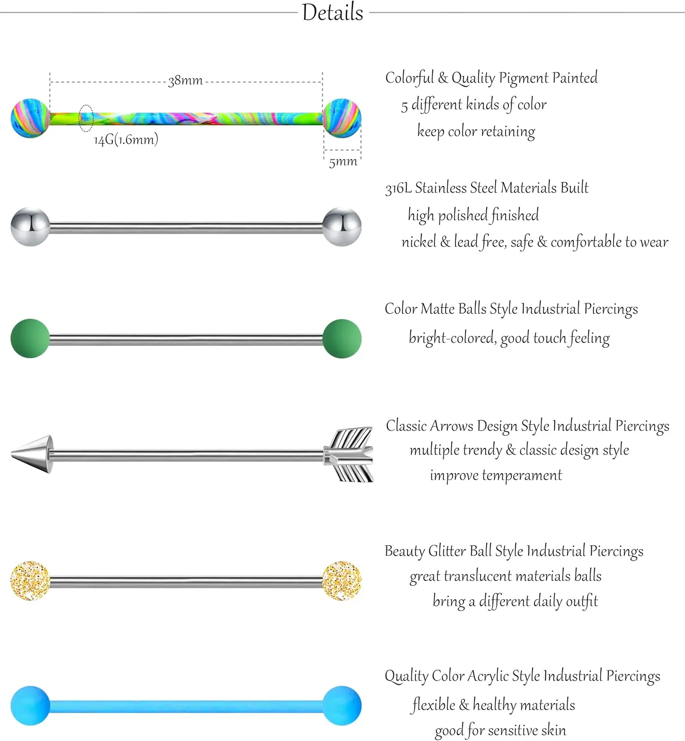 30Pcs 14G Stainless Steel Industrial Barbell Earrings for Women Men Cartilage Helix Body Piercing Jewelry 38mm 1&1/2 Inch Piercing Bar