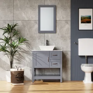 30" Gray Bathroom Vanity And Sink Combo Marble Pattern Top With Mirror Faucet & Drain - Gray by Couch.com