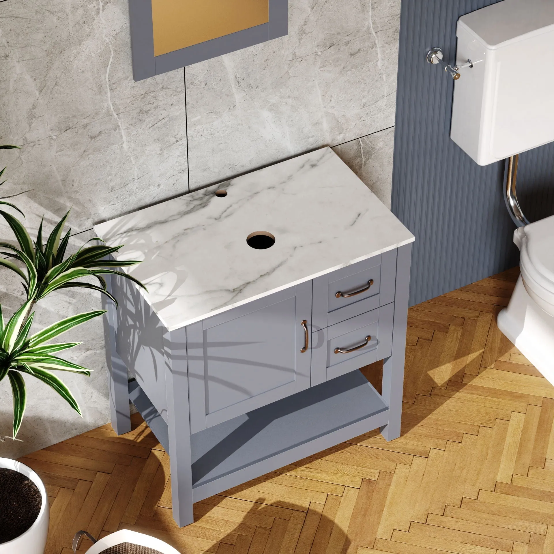 30" Gray Bathroom Vanity And Sink Combo Marble Pattern Top With Mirror Faucet & Drain - Gray by Couch.com