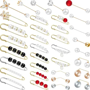 35 Pieces Women Brooch Pins Sweater Shawl Cardigan Collar Hat Clip Neckline Pin Retro Pearl Crystal Dress Shirt Clip for Women Fashion Cover Pant Waist Back Cinch Tightener Safety Pins(Simple Color)