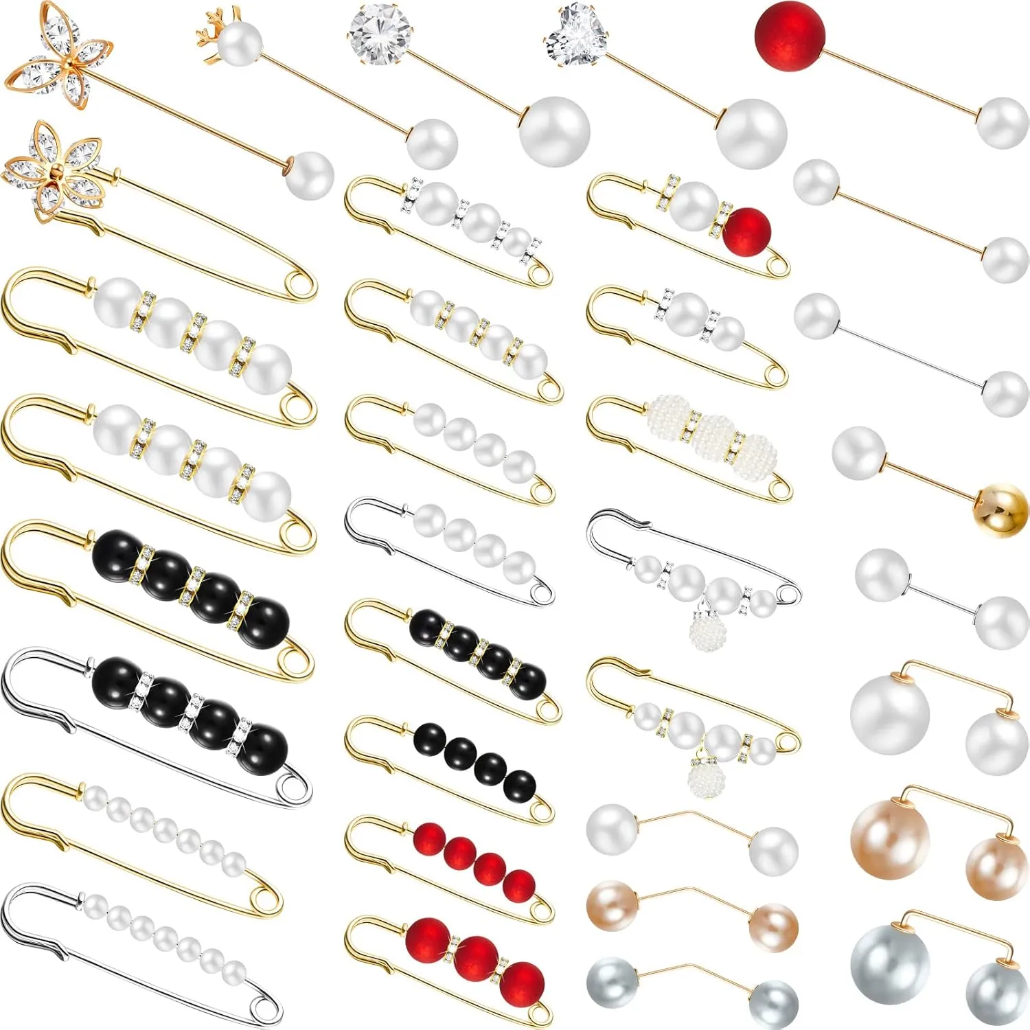 35 Pieces Women Brooch Pins Sweater Shawl Cardigan Collar Hat Clip Neckline Pin Retro Pearl Crystal Dress Shirt Clip for Women Fashion Cover Pant Waist Back Cinch Tightener Safety Pins(Simple Color)