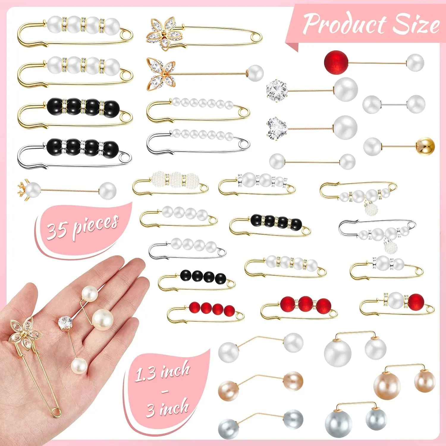 35 Pieces Women Brooch Pins Sweater Shawl Cardigan Collar Hat Clip Neckline Pin Retro Pearl Crystal Dress Shirt Clip for Women Fashion Cover Pant Waist Back Cinch Tightener Safety Pins(Simple Color)