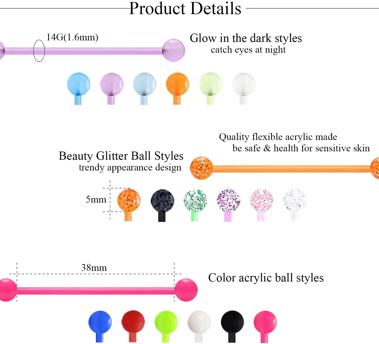 36PCS 14G Stainless Steel Industrial Barbell Earrings for Women Men Acrylic Cartilage Helix Body Piercing Jewelry 38mm 1&1/2 Inch Piercing Bar