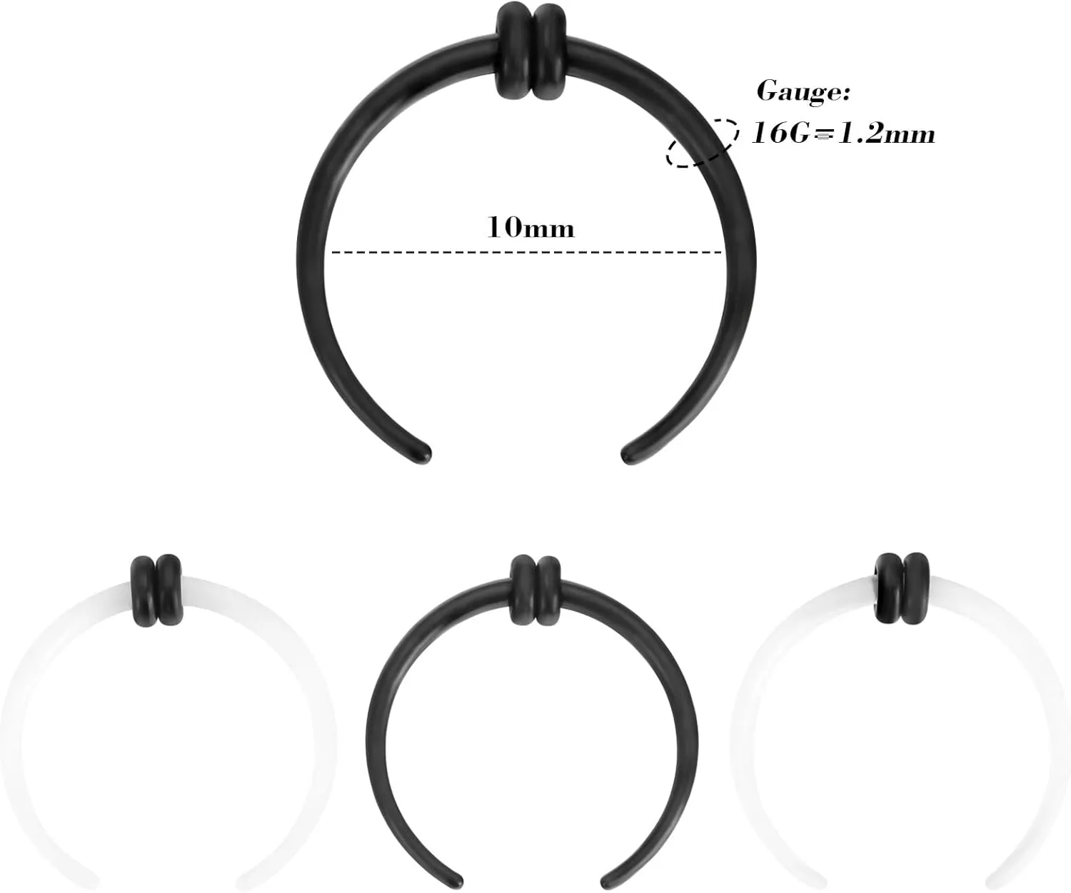 3Pairs Septum Rings Acrylic C Shape Nose Rings Pincher Taper Septum Piercing Nose Earring Ring with Black O-Rings for Women Men 16G