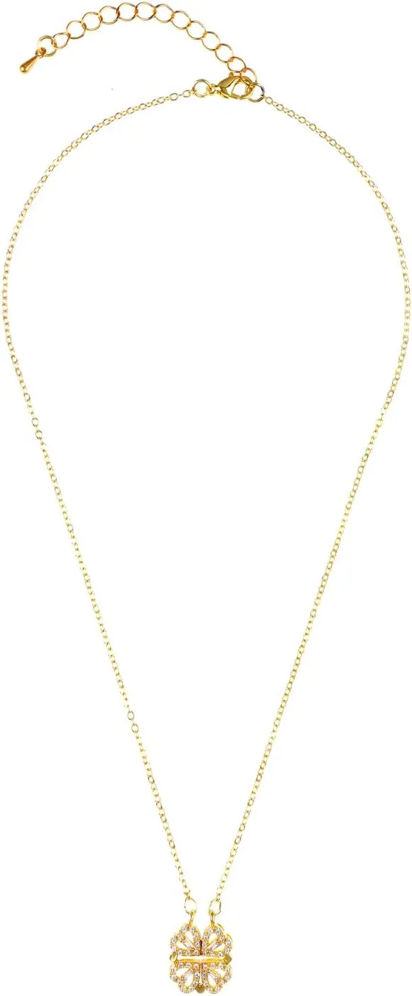 4 heart Magnetic 2 in 1 Four Leaf clover heart Multi Wearing Pendant Necklace for Women, Gold Tone