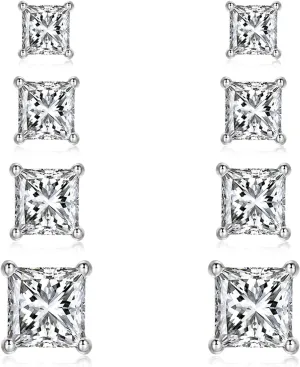 4 Pairs 925 Sterling Silver Princess Cut Cubic Zirconia Stud Earrings Set | Small Cartilage CZ Hypoallergenic Tragus Piercing Earrings for Women Men 3mm 4mm 5mm 6mm