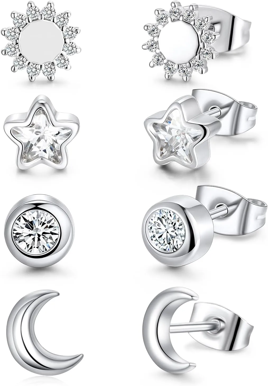 4 Pairs Star Stud Earrings for Women, Celestial Earrings, Silver Gold Stud Earrings Set Hypoallergenic for Sensitive Ears