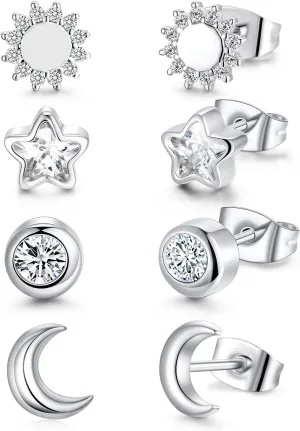 4 Pairs Star Stud Earrings for Women, Celestial Earrings, Silver Gold Stud Earrings Set Hypoallergenic for Sensitive Ears