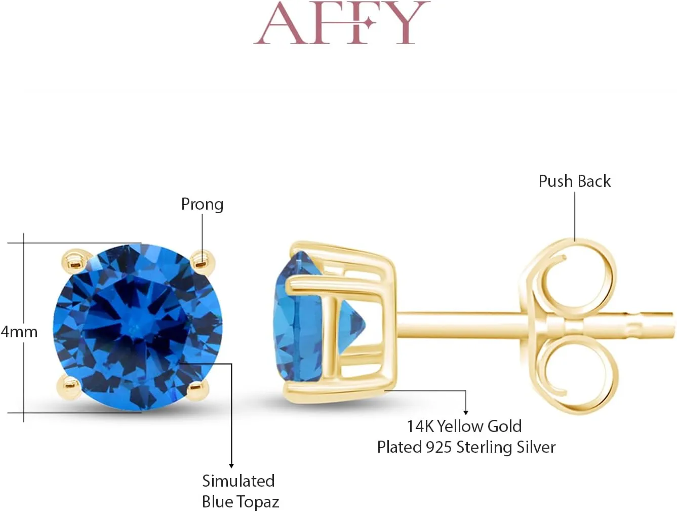 4MM Round Shaped Simulated Birthstone Stud Earrings Prong Setting Push Back Earrings In 14K Gold Over Sterling Silver (0.5 Ct), Jewelry Gift For Her