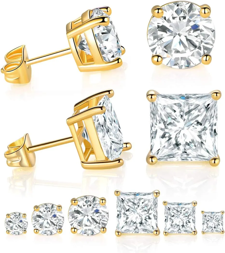 6 Pairs Gold Plated Gold Cubic Zirconia Earrings Pack Round Cut and Princess Cut Earrings for Men and Women