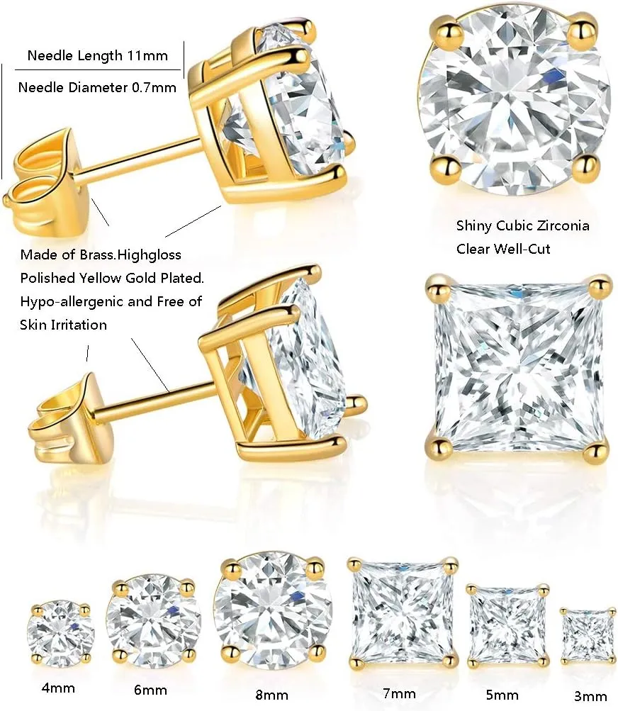 6 Pairs Gold Plated Gold Cubic Zirconia Earrings Pack Round Cut and Princess Cut Earrings for Men and Women