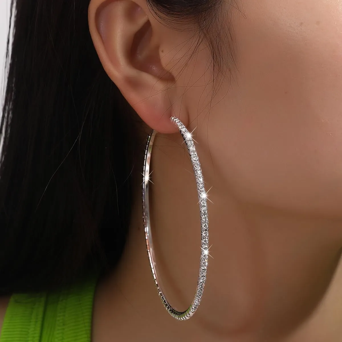 80mm Rhinestone Hoop Earrings for Women Sparkly Earrings Cubic Zirconia Circle Earring Exaggerated Prom Earring Large Rhinestones Round Hoop Earrings Silver Prom Jewelry for Party Wedding Birthday