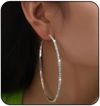 80mm Rhinestone Hoop Earrings for Women Sparkly Earrings Cubic Zirconia Circle Earring Exaggerated Prom Earring Large Rhinestones Round Hoop Earrings Silver Prom Jewelry for Party Wedding Birthday