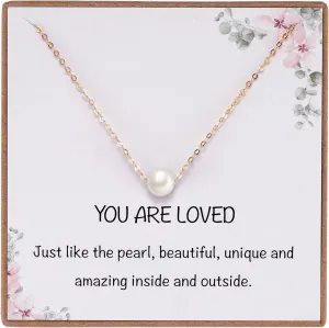 8mm Dainty Single Pearl Necklace for Women, You are Loved Minimalist Simple Floating Imitation Pearl Necklace Affirmation Gifts, Birthday Christmas Bridesmaid Wedding Look Gifts, Adjustable Length