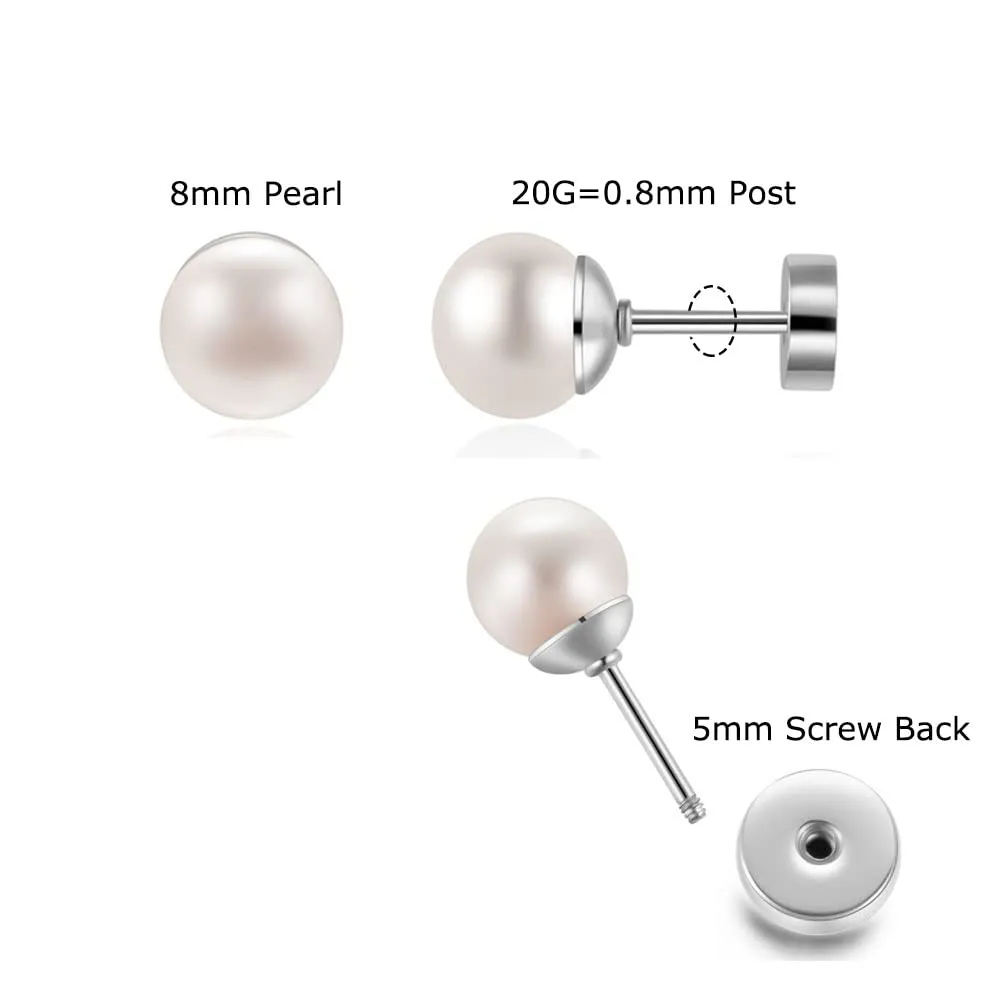 8mm Pearl Stud Earrings for Women,Flat Screw Back Pearl Cartilage Helix Earrings 316L Surgical Steel Piercing Jewelry Gift Hypoallergenic(8mm,Silver)