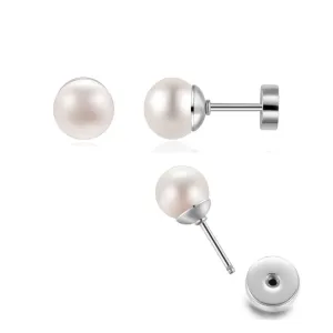 8mm Pearl Stud Earrings for Women,Flat Screw Back Pearl Cartilage Helix Earrings 316L Surgical Steel Piercing Jewelry Gift Hypoallergenic(8mm,Silver)