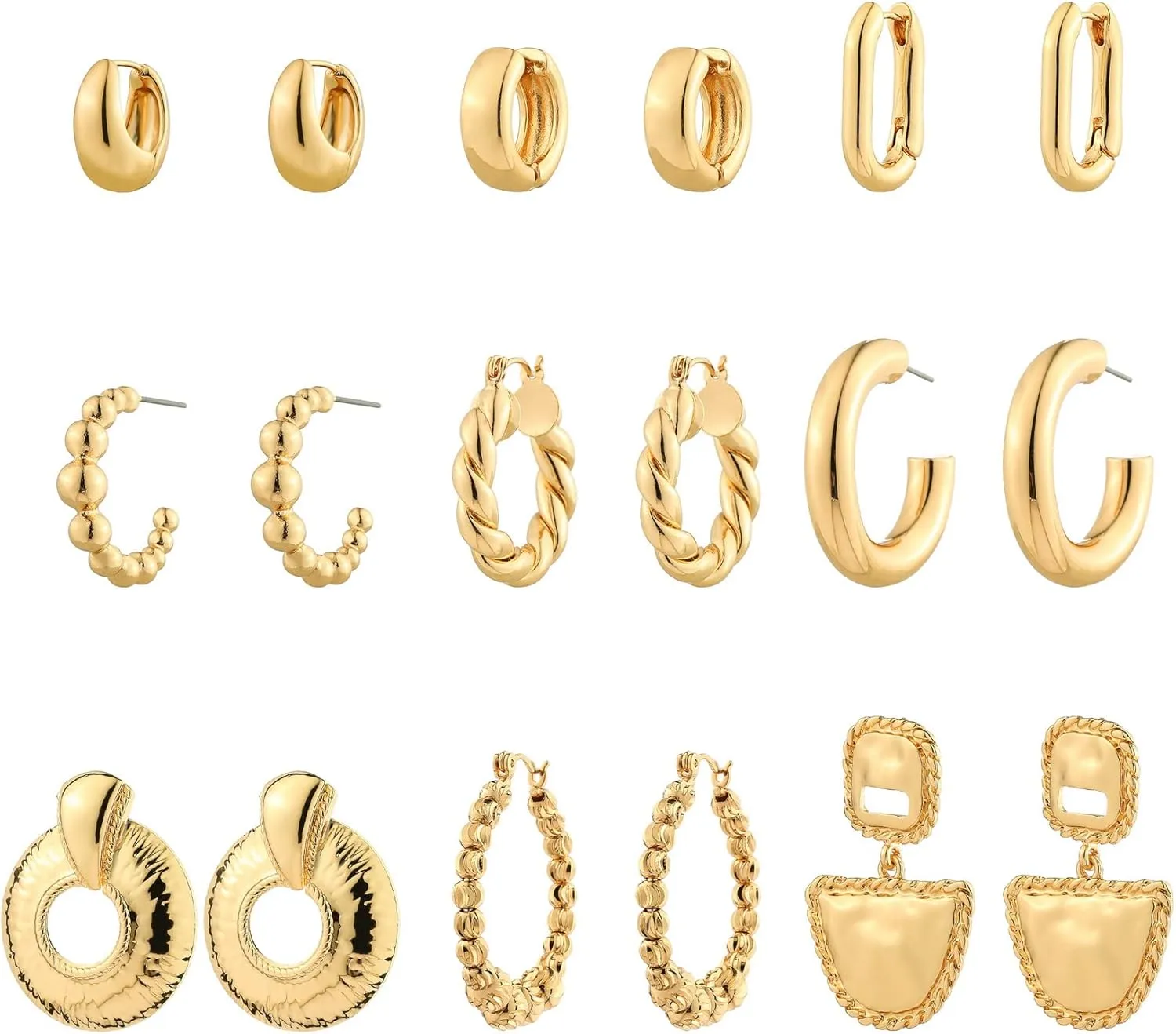 9 Pairs 14K Gold Plated Hoop Earrings Set for Women, Lightweight Chunky Twisted Open Huggie Hoops Earring Hypoallergenic.