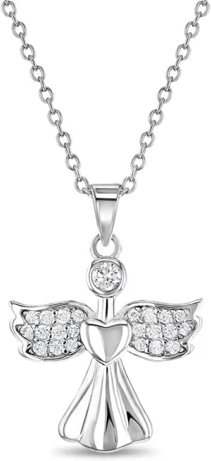 925 Sterling Silver 16" Young Girl's Clear Cubic Zirconia Guardian Angel Necklace - CZ Angel Pendant Necklaces for Children & Preteens - Religious Angel Charm Pendant Link Chain Jewelry for Girls