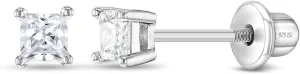 925 Sterling Silver 2mm-5mm Cubic Zirconia Princess Square Cut Screw Back Earrings For Babies, Infants, Toddlers & Little Girls - Hypoallergenic Safe for Sensitive Ears - Birthday Gift Idea
