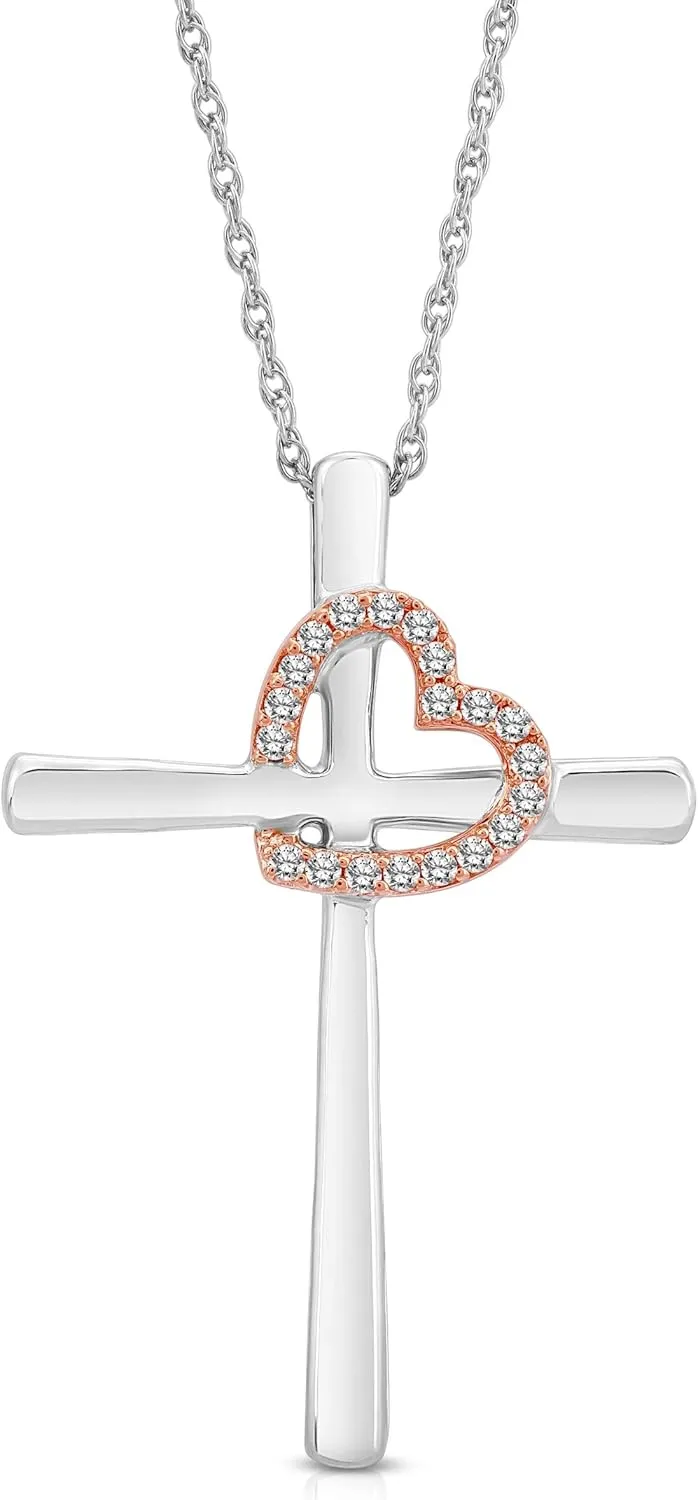 925 Sterling Silver and Rose Gold Round-shape Diamond Cross with Tilted Heart Outline Pendant Necklace (1/10 cttw, I-J Color, I2-I3 Clarity) 18"