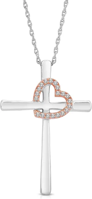 925 Sterling Silver and Rose Gold Round-shape Diamond Cross with Tilted Heart Outline Pendant Necklace (1/10 cttw, I-J Color, I2-I3 Clarity) 18"